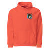 orange colored hoodie with a large realistic artichoke on the back surrounded by psychedelic waves of green ,orange, and red