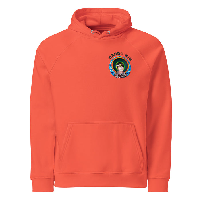 orange colored hoodie with a large realistic artichoke on the back surrounded by psychedelic waves of green ,orange, and red
