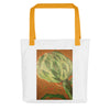 white tote bag with yellow straps and a psychedelic image of an artichoke radiating bands of red, orange, and green color