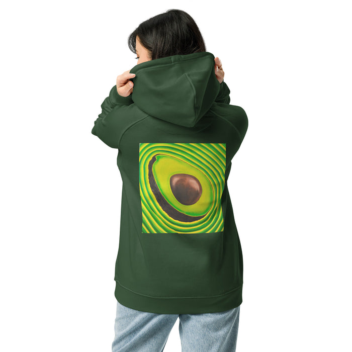 A girl wearing a dark green hoodie, viewed from the back. The hoodie features a large graphic print of an avocado with green concentric wavy lines.