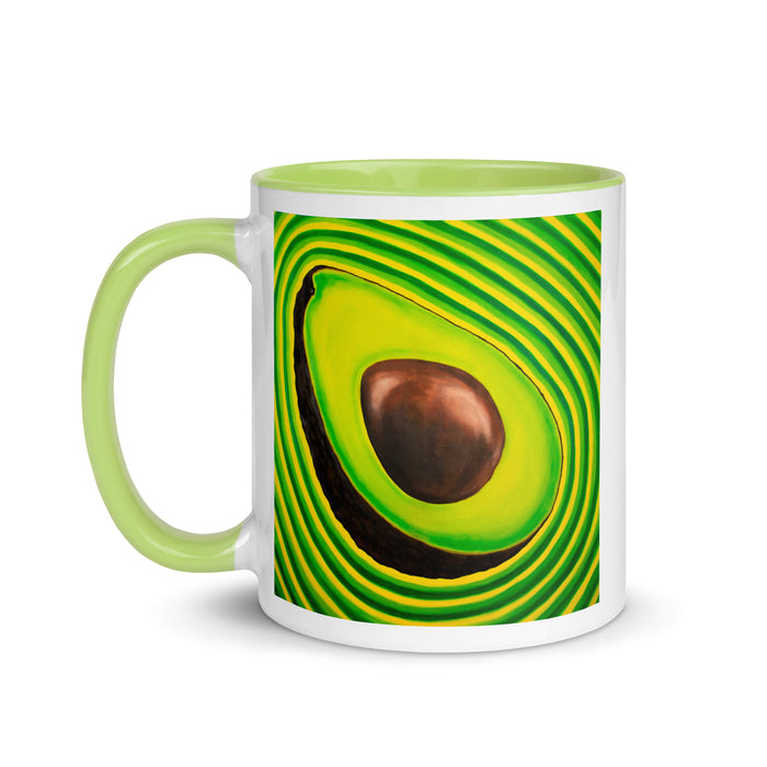 mug with original art of an avocado with pulsing lines of color on the sides