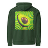 dark green hoodie with an image of a sliced avocado on the back radiating psychedelic bands of yellows and greens