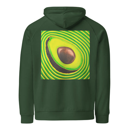 dark green hoodie with an image of a sliced avocado on the back radiating psychedelic bands of yellows and greens
