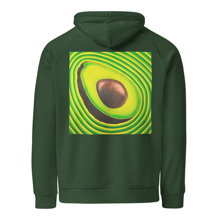 dark green hoodie with an image of a sliced avocado on the back radiating psychedelic bands of yellows and greens