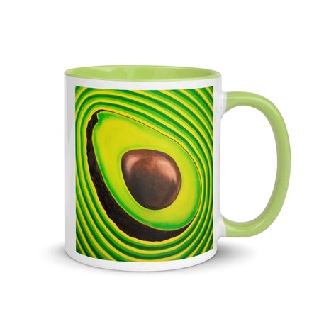 mug with original art of an avocado with pulsing lines of color on the sides