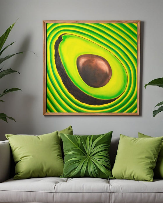 realistic psychedelic oil painting of an avocado radiating waves of energy in vibrant greens and yellows hanging on the wall above a couch