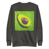 forest green sweatshirt with a sliced avocado with pit radiating bands of greens and yellow around it