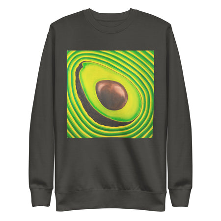 forest green sweatshirt with a sliced avocado with pit radiating bands of greens and yellow around it