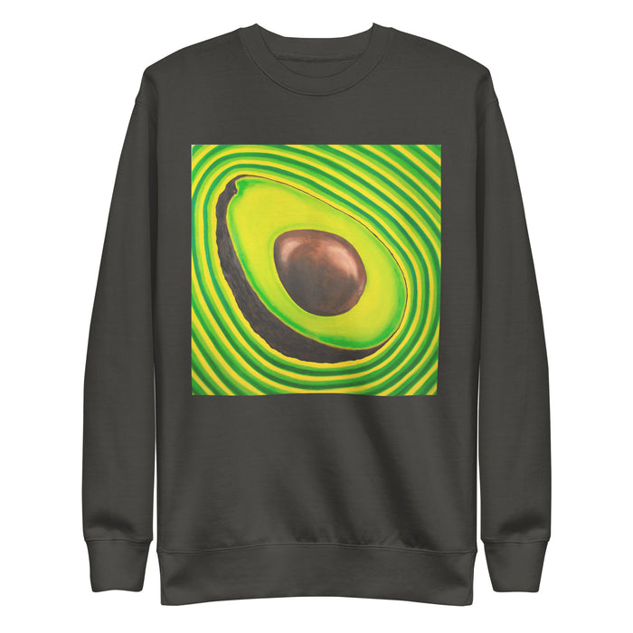 forest green sweatshirt with a sliced avocado with pit radiating bands of greens and yellow around it