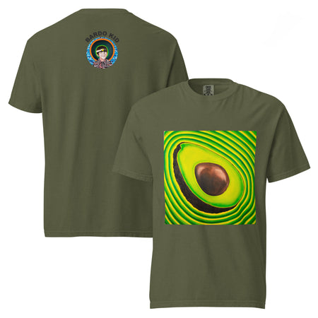 a deep green t-shirt with realistic art of an avocado radiating green and yellow bands of energy