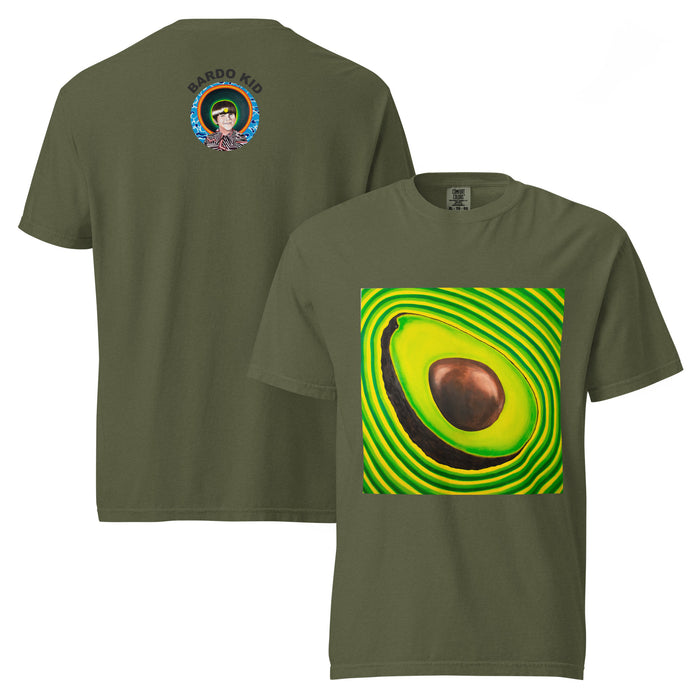 a deep green t-shirt with realistic art of an avocado radiating green and yellow bands of energy