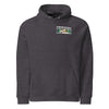 a slate gray hoodie with a bright yellow peeling banana emblazoned on the back radiating waves of turquoise, blue, and aqua bands of psychedelic color.