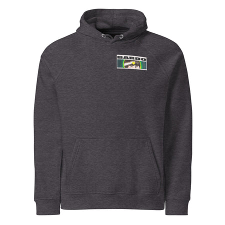 a slate gray hoodie with a bright yellow peeling banana emblazoned on the back radiating waves of turquoise, blue, and aqua bands of psychedelic color.