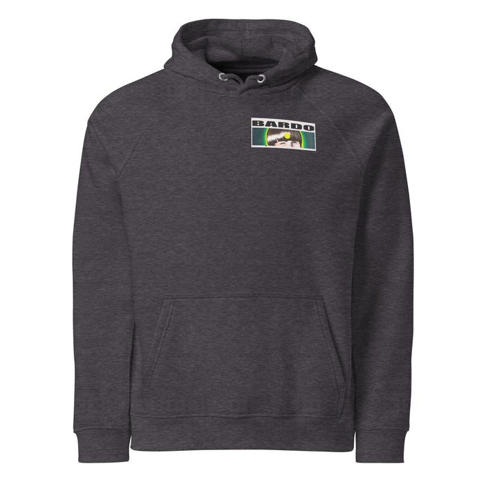 a slate gray hoodie with a bright yellow peeling banana emblazoned on the back radiating waves of turquoise, blue, and aqua bands of psychedelic color.