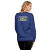 woman wearing a navy sweatshirt with the bardo kid logo on the back
