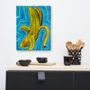 psychedelic banana painting ron canvas radiating waves of blue, turquoise, and green hanging on living room wall