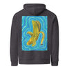 a slate gray hoodie with a bright yellow peeling banana emblazoned on the back radiating waves of turquoise, blue, and aqua bands of psychedelic color.