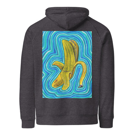 a slate gray hoodie with a bright yellow peeling banana emblazoned on the back radiating waves of turquoise, blue, and aqua bands of psychedelic color.