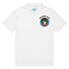 a white polo shirt with the bardo kid logo on the front and a banana on the back radiating psychedelic waves of turquoise, blues, and greens.