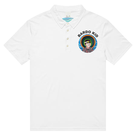 a white polo shirt with the bardo kid logo on the front and a banana on the back radiating psychedelic waves of turquoise, blues, and greens.