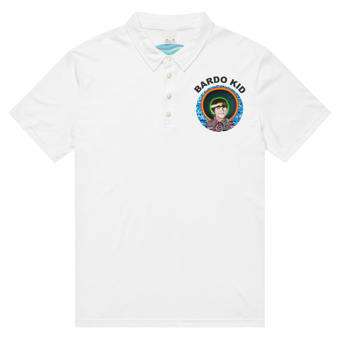 a white polo shirt with the bardo kid logo on the front and a banana on the back radiating psychedelic waves of turquoise, blues, and greens.