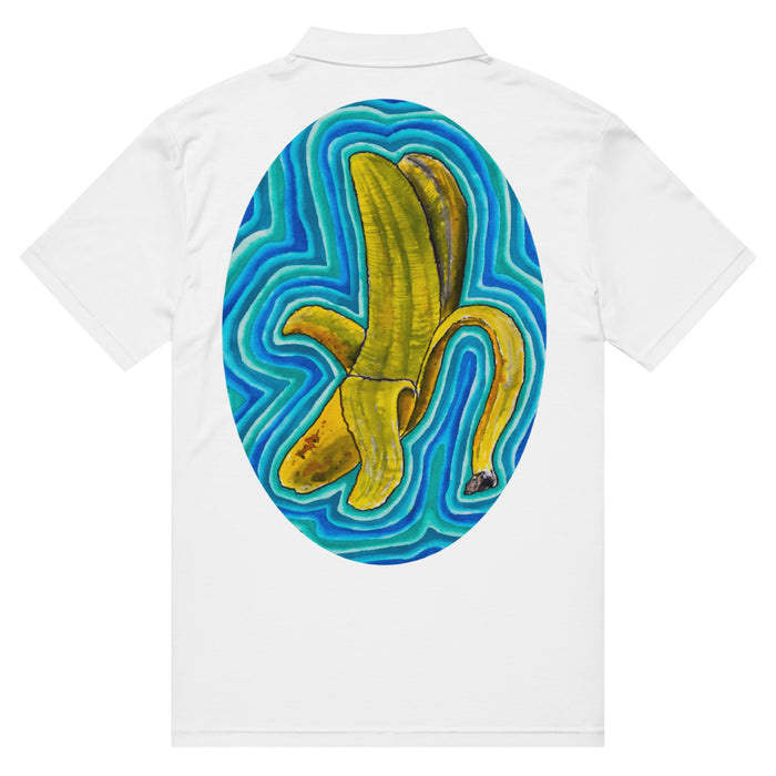 a white polo shirt with the bardo kid logo on the front and a banana on the back radiating psychedelic waves of turquoise, blues, and greens.