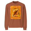 a light brown long sleeve t-shirt with an original piece of art depicting a diagonally cut grilled cheese radiating bands of red, orange, and yellow around it.