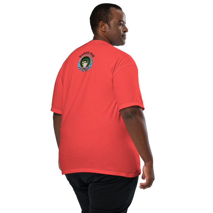 man wearing a neon orange  t-shirt with a graphic design of a psychedelic grilled cheese on the front and 'Bardo Kid' logo on the back.