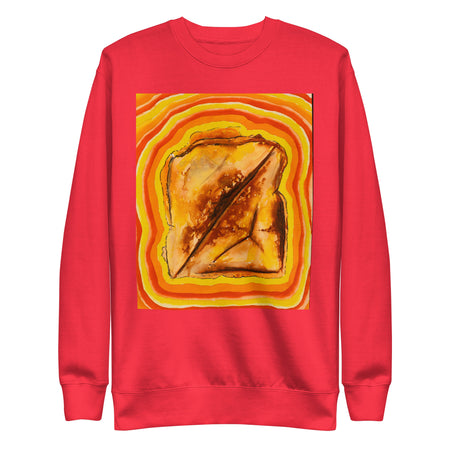 a bright orange sweatshirt showing original art of a grilled cheese sandwich radiating psychedelic bands of red, orange, and yellow