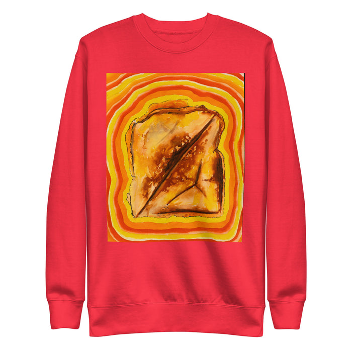 a bright orange sweatshirt showing original art of a grilled cheese sandwich radiating psychedelic bands of red, orange, and yellow