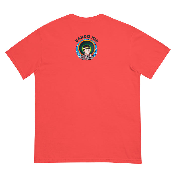 neon orange t-shirt with a grilled cheese radiating psychedelic bands of color.
