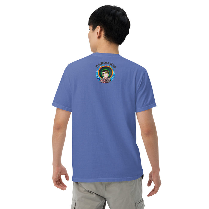 man wearing a light blue t-shirt with artwork of a peeling banana radiating psychedelic bands of blues and the bardo kid logo on center back