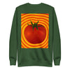 deep green sweatshirt with original art of a bright red tomato radiating psychedelic like bands of red, orange, and yellow