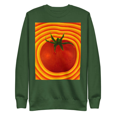 deep green sweatshirt with original art of a bright red tomato radiating psychedelic like bands of red, orange, and yellow