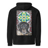 a black hoodie with a colorful painting of a chimps face with a green and yellow psychedelic mandala behind it