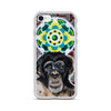 plastic protective  phone case with face of a chimp with a psychedelic mandala background in aqua, green, and blue
