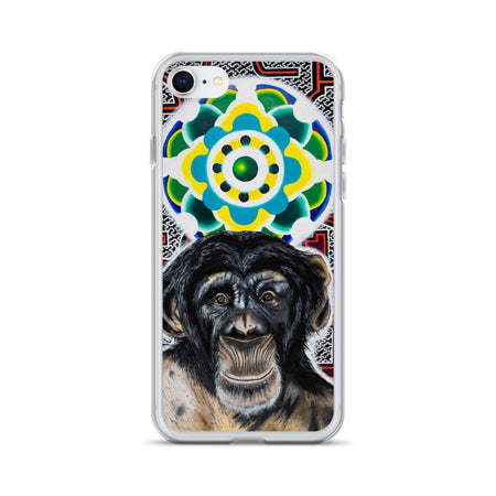 plastic protective  phone case with face of a chimp with a psychedelic mandala background in aqua, green, and blue
