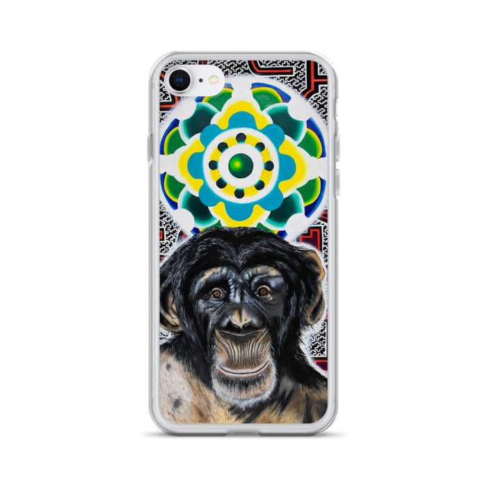 plastic protective  phone case with face of a chimp with a psychedelic mandala background in aqua, green, and blue