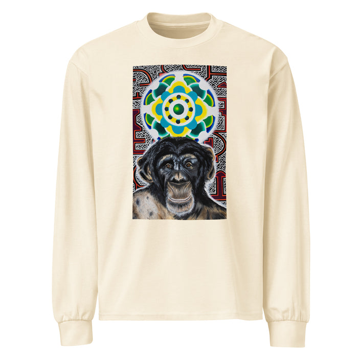 a beige long sleeve t-shirt with a chimp face  in front of a green and yellow circular mandala and a psychedelic geometric background of reds and whites.