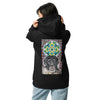 black hoodie with image of a young chimpanzees face in front of a green an yellow psychedelic mandala with a background of geometric colors worn by a woman