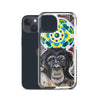plastic phone case with face of chimp with a psychedelic background