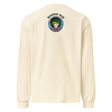 a beige long sleeve t-shirt with a chimp face  in front of a green and yellow circular mandala and a psychedelic geometric background of reds and whites.