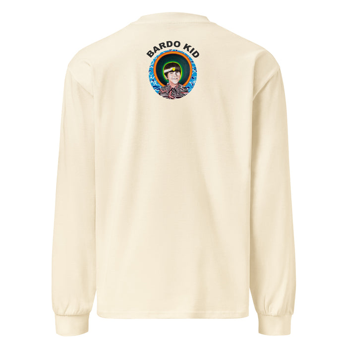 a beige long sleeve t-shirt with a chimp face  in front of a green and yellow circular mandala and a psychedelic geometric background of reds and whites.