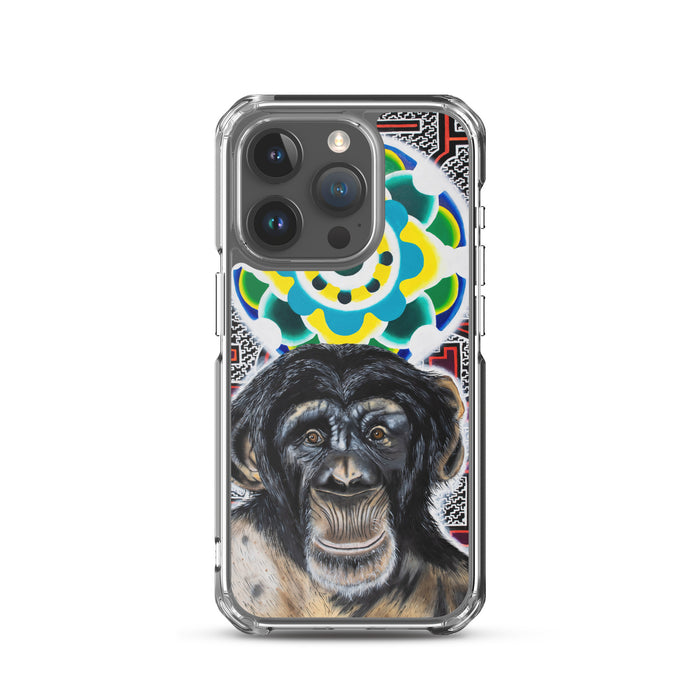 plastic phone case with face of chimp with a psychedelic background
