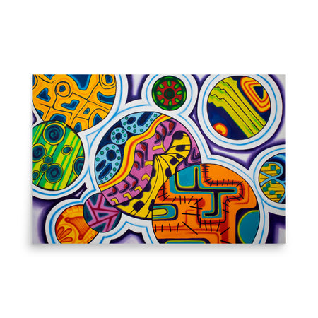 bright, multi colored oil painting illustrating the connection of the microcosm and the macrocosm in the psychedelic experience using circles and abstract forms.
