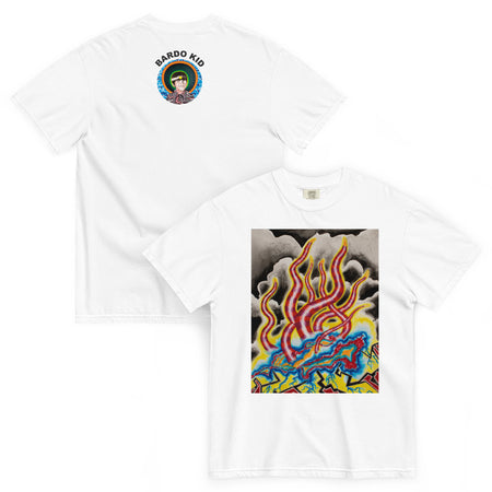 clouds sit atop a geometric cluster of with undulating colorful purple and red tentacles extending up above it in front of a  cloudy sky