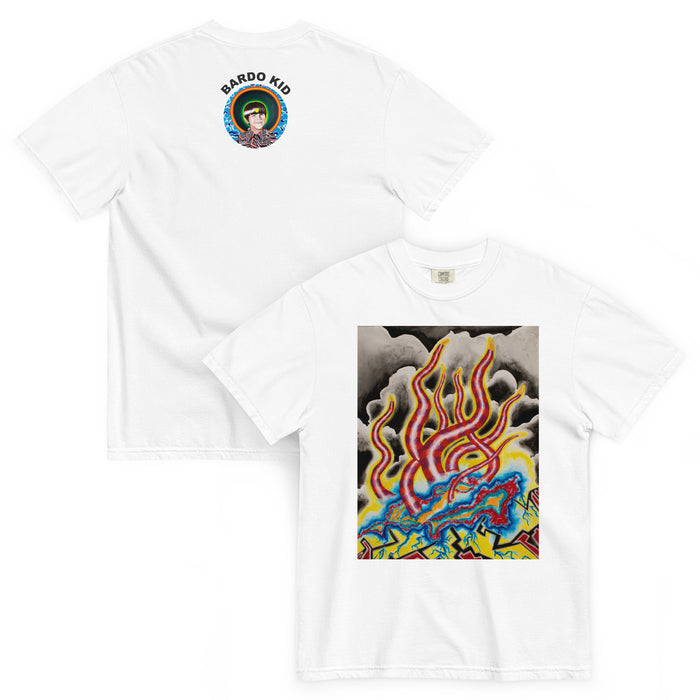 clouds sit atop a geometric cluster of with undulating colorful purple and red tentacles extending up above it in front of a  cloudy sky