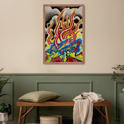 A framed abstract painting featuring vibrant red, yellow, blue, and black flame-like patterns hangs on a beige wall above a green wainscoted bench with a pillow and throw blanket.