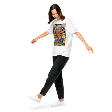 girl wearing  a t-shirt with clouds sitting atop a geometric cluster of with undulating colorful purple and red tentacles extending up above it in front of a  cloudy sky