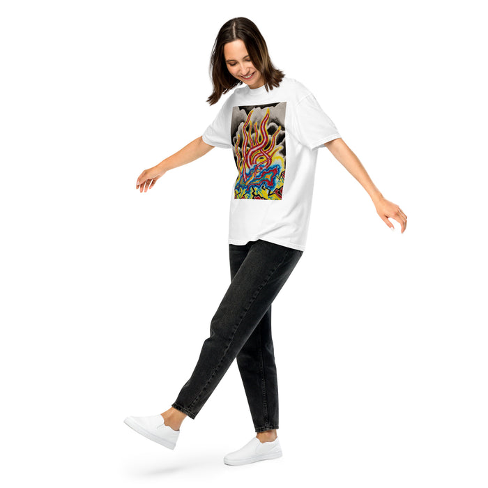 girl wearing  a t-shirt with clouds sitting atop a geometric cluster of with undulating colorful purple and red tentacles extending up above it in front of a  cloudy sky